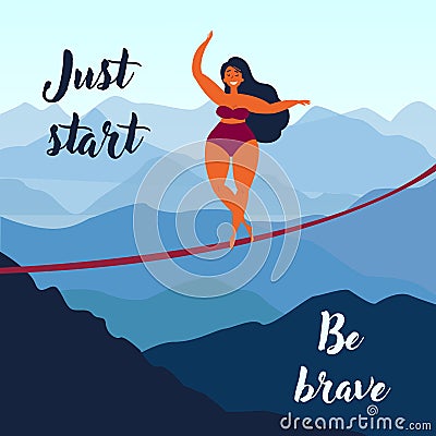 Girl on slackline. Keep your balance. Motivation Vector Illustration