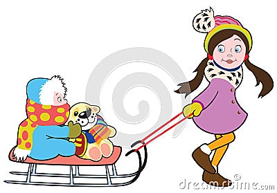 Girl with sledge Vector Illustration