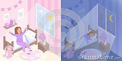 Girl sleep and wake up. Early morning and night dream. Little kid in bed, relax and healthy daily schedule. Cute cartoon Vector Illustration