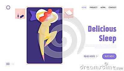 Girl Sleeping in Relaxed Posture Website Landing Page. Woman Wearing Cute Yellow Pajama Sleep on Bed Lying on Back Vector Illustration