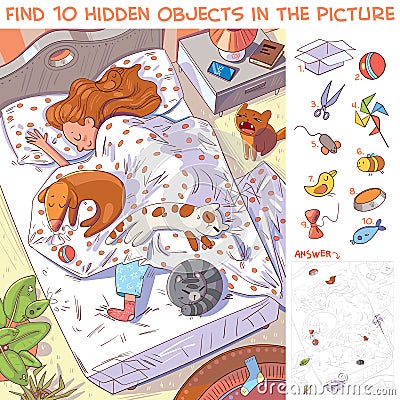 Girl sleeping with their pets in bed. Find hidden objects Vector Illustration