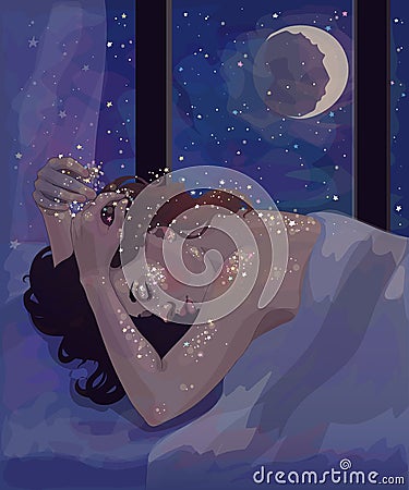 A girl sleeping under the stars Vector Illustration