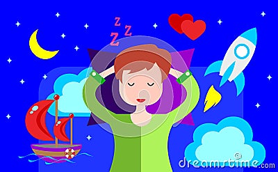 Girl sleeps and sees vivid dreams. Animation. Vector stock illustration. Vector Illustration