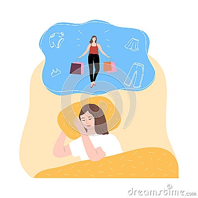 Girl slepping and seing herself shopping in night dream Vector Illustration