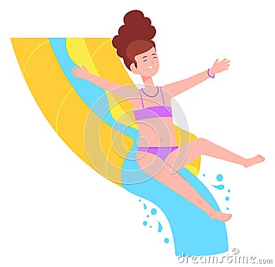 Girl sliding from water pipe. Aqua park ride Stock Photo