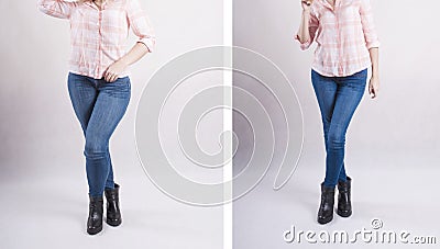 Girl slimming figure before and after result the diet weightloss Stock Photo