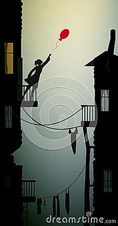 Girl in the slum holding the red balloon that flying away,concept dream in slum, city scene, Vector Illustration