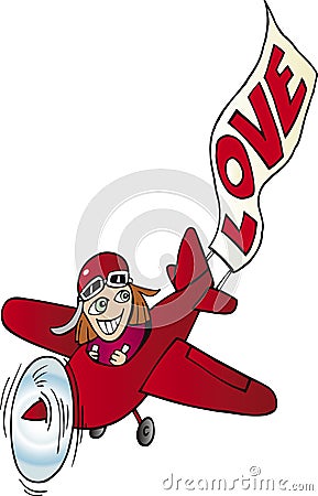 Girl in small airplane with love sign Vector Illustration