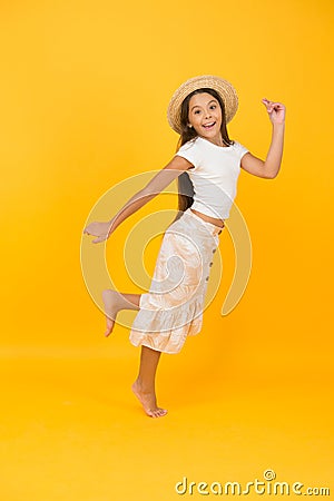 Girl small child in hat celebrate summer holiday, having fun concept Stock Photo