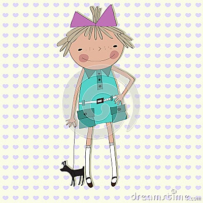 The girl with a small dog on a background of hearts. Vector Illustration