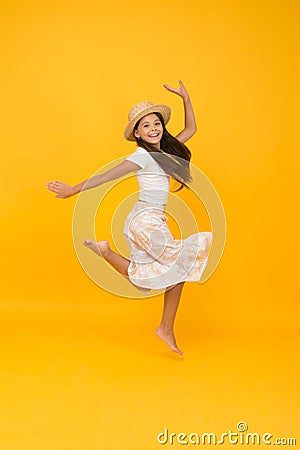 Girl small happy child in hat celebrate summer holiday, good mood concept Stock Photo