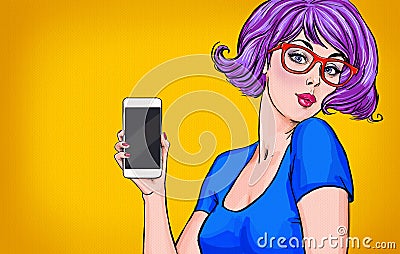 Girl with smart-phone in the hand in comic style. Girl with phone. Girl showing the mobile phone.Girl in glasses. Stock Photo