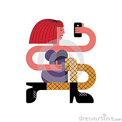 Girl with a smartphone. A girl makes a selfie. The girl is holding a smartphone in her hand. Vector Illustration