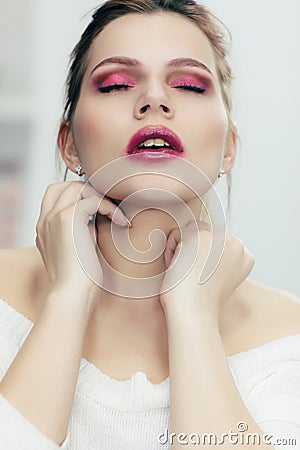 The girl with the smeared lipstick Stock Photo