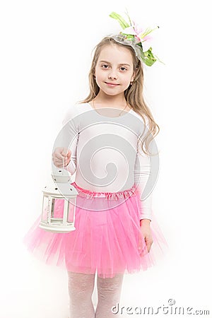 Girl smile with xmas lantern in pink skirt tutu Stock Photo