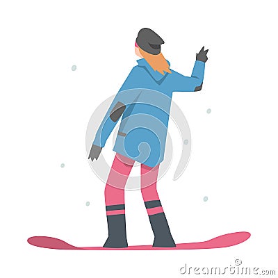 Girl Snowboarder Character Dressed in Winter Clothing, View from Behind, Extreme Sport Activities, Winter Vacation Vector Illustration
