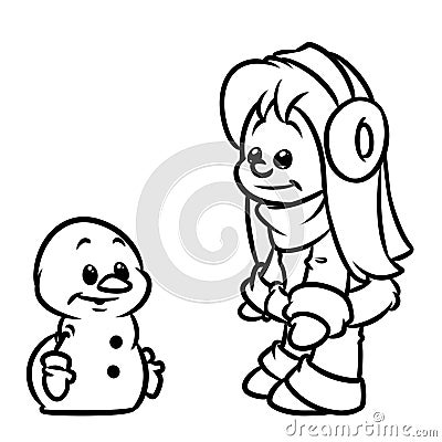 Girl snowman cartoon illustration coloring page Cartoon Illustration