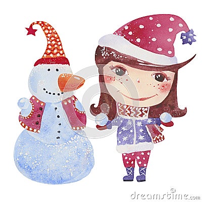 Girl with snowman Cartoon Illustration