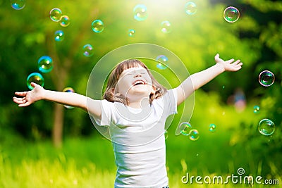 Girl, soap bubbles, fun Stock Photo