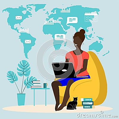 Black girl woman works in a chair on the computer. Home office freelance work anywhere. Vector Illustration