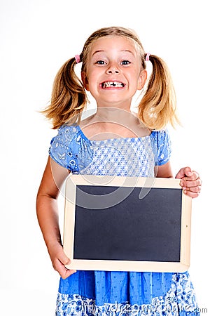 Girl with space width showing a little blackboard Stock Photo
