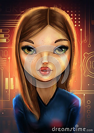 Girl on a spaceship in front of digital dials Cartoon Illustration