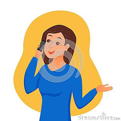 Girl speaking using her smartphone holding in her hand. Vector Illustration