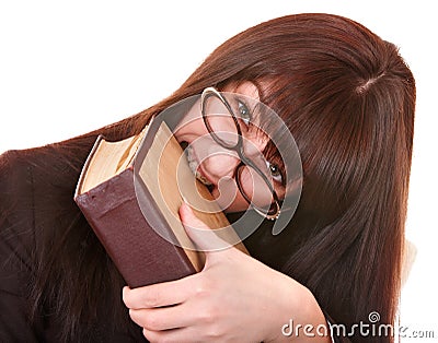 Girl in spectacles with book. Concept. Stock Photo