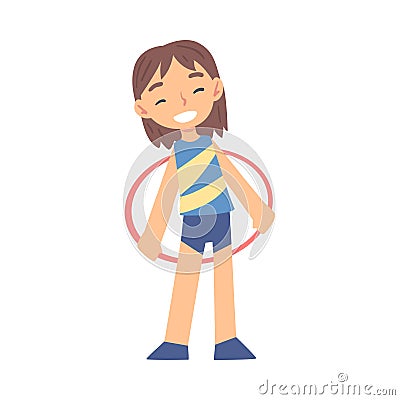 Girl Spinning Hula Hoop around her Waist, Kid Doing Sports, Healthy Lifestyle Concept Cartoon Style Vector Illustration Vector Illustration