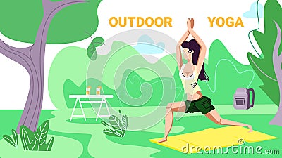 Girl in Sports Wear Engage Fitness or Yoga, Forest Vector Illustration