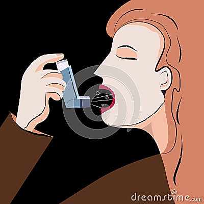 The girl sprays into her mouth with a spray. Treatment of bronchial asthma Vector Illustration