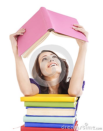 Girl with stack color book . Stock Photo