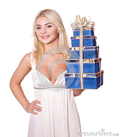 Girl with stack gift box. Stock Photo