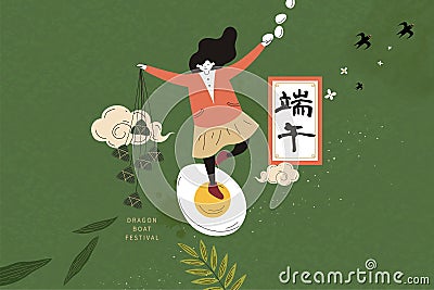 Girl standing on egg holding zongzi Vector Illustration