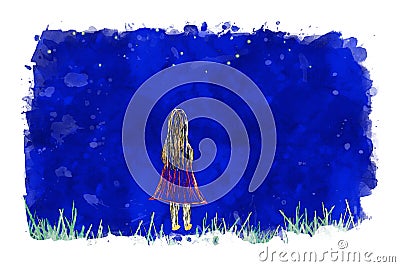 Girl standing in grass field and looking at night sky with stars, blue tones image, cartoon watercolor painting Cartoon Illustration