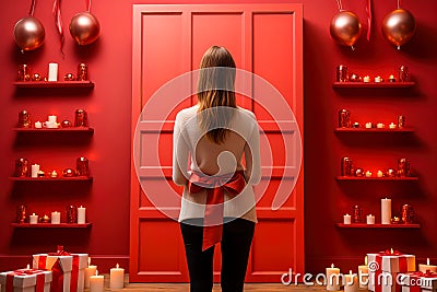 Girl standing with her back against a red background Stock Photo