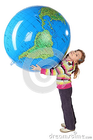 Girl standing and holding big inflatable globe Stock Photo