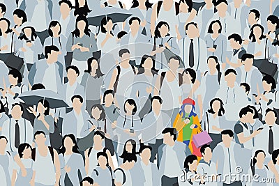 Girl standing out of the crowd wearing colorful clothes, people illustration Cartoon Illustration