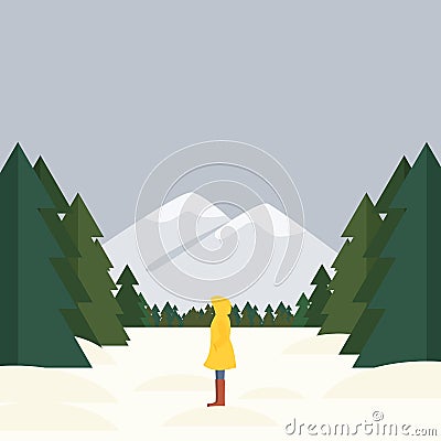 Girl is standing sideways on a background of a winter landscape, forest and mountains. Vector Illustration