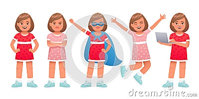 Girl stands with her arms crossed and looks suspiciously, with a laptop in her hand, in a jump, in a superhero costume. Cute white Vector Illustration