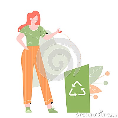 Girl stands next to the trash can. Vector Illustration