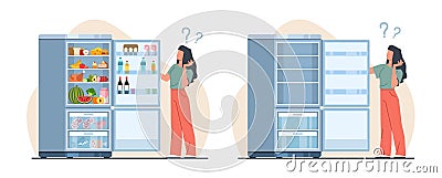 Girl stands by refrigerator full and empty. Female character looking in open fridge. Different products water, milk Vector Illustration