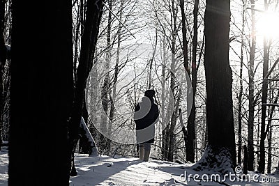 A girl stands in a winter forest on a frosty day. Blue tint Stock Photo