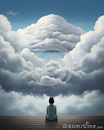 The girl staring into the distant clouds, sitting on the edge, peaceful mind concept, Generative AI Stock Photo