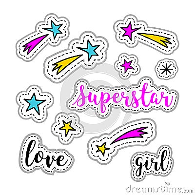 Girl stickers stars, firework, superstar logo, love lettering. Retro patch element 80s-90s, Vector doodle icons Vector Illustration
