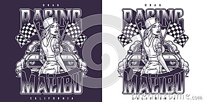 Girl street racer flyer monochrome Vector Illustration