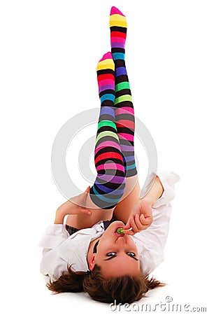 Girl in striped motley knee-length Stock Photo