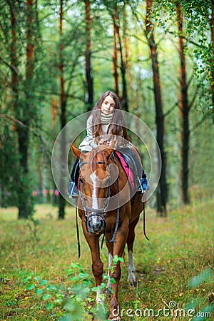 A girl strolls on her horse, active rest. horse riding Stock Photo