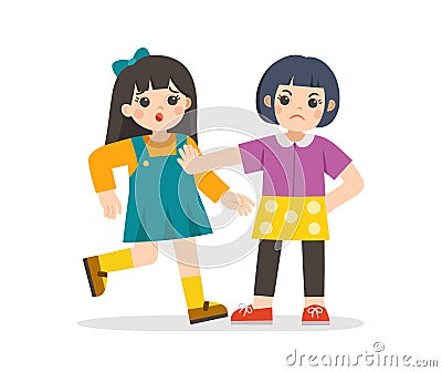 Girl student getting bullied in school. Girl pushing another girl. Problem of bullying at school. Vector Illustration