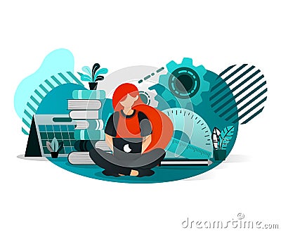 Girl Student Graduate Sitting and Learning Using Laptop Internet and Surrounded by Books and Stationery. Flat Cartoon Style. Vecto Vector Illustration